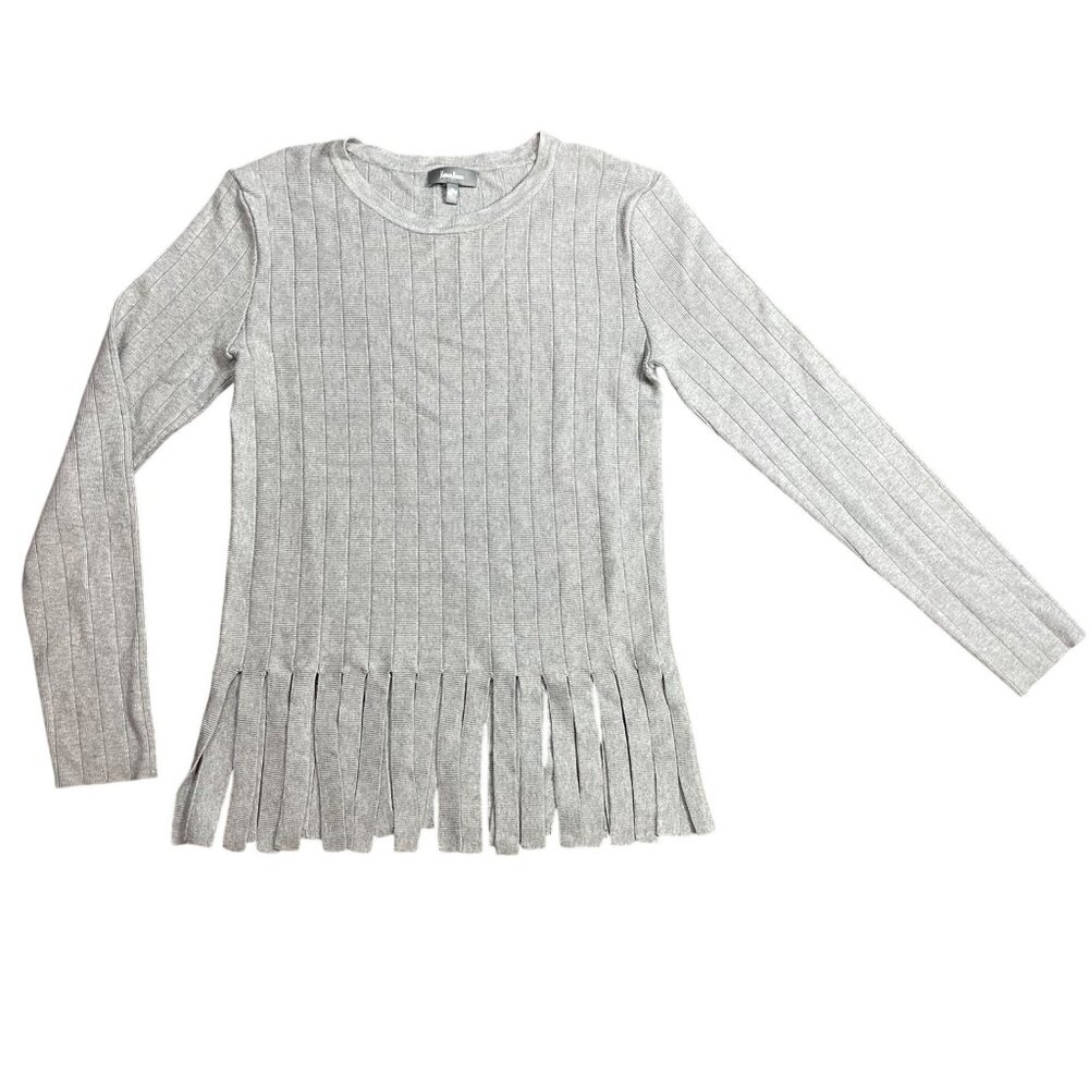 Neiman Marcus‎ Fringe Hem Ribbed Knit Top Women's Size Medium Rayon Gray NEW